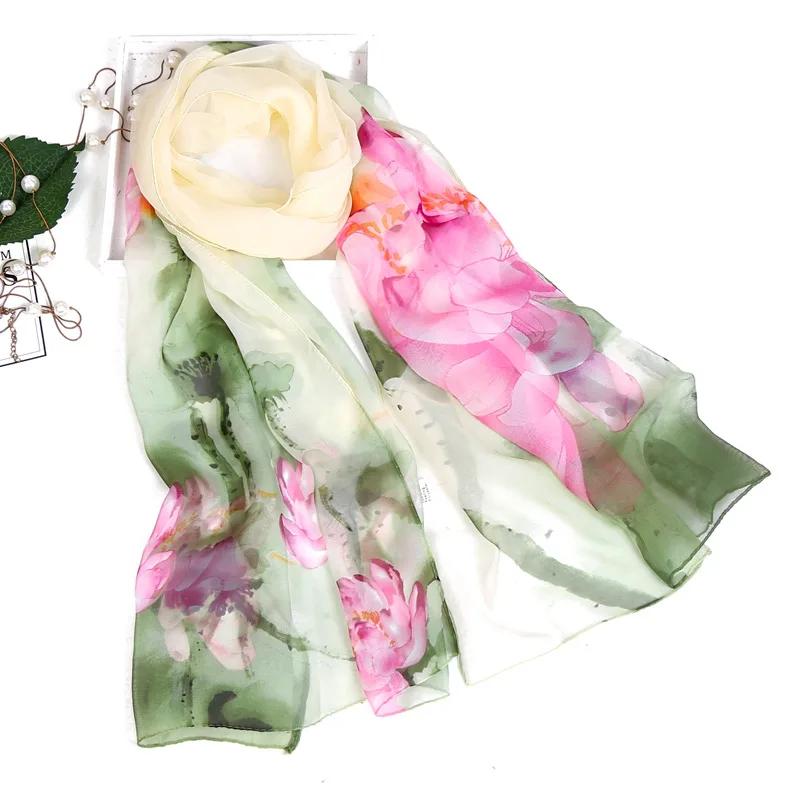 Spring Autumn Women Ink Lotus Chiffon Scarf Gentle Garden Style Lightweight Thin Neck Soft Fashion Daily Decor Shawl