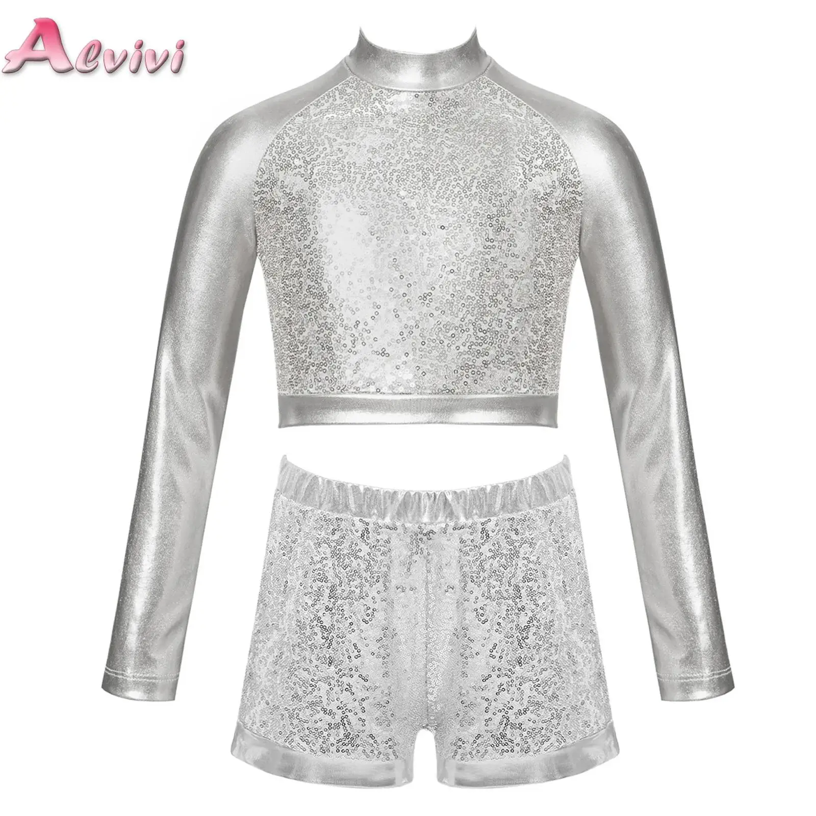 

Kids Girls Metallic Sequins Dance Sets Hip Hop Jazz Dance Competition Costume Crop Top with Shorts Stage Performance Dancewear