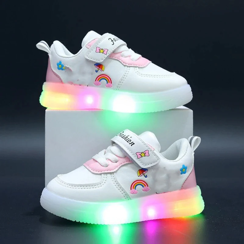 Girls Sneakers Baby Leather Led Light Board Shoes Girls Outdoor Sneaker Children\'s Toddler Anti-slip Walking Shoes Spring Summer