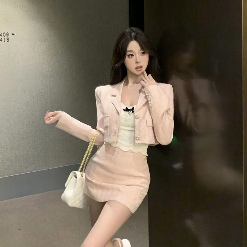 

Autumn Sweet Pink Y2k French Elegant Women's Two Pieces Set Blazer and Skirt Set Korean Fashion Female Slimming Tweed Suit Set