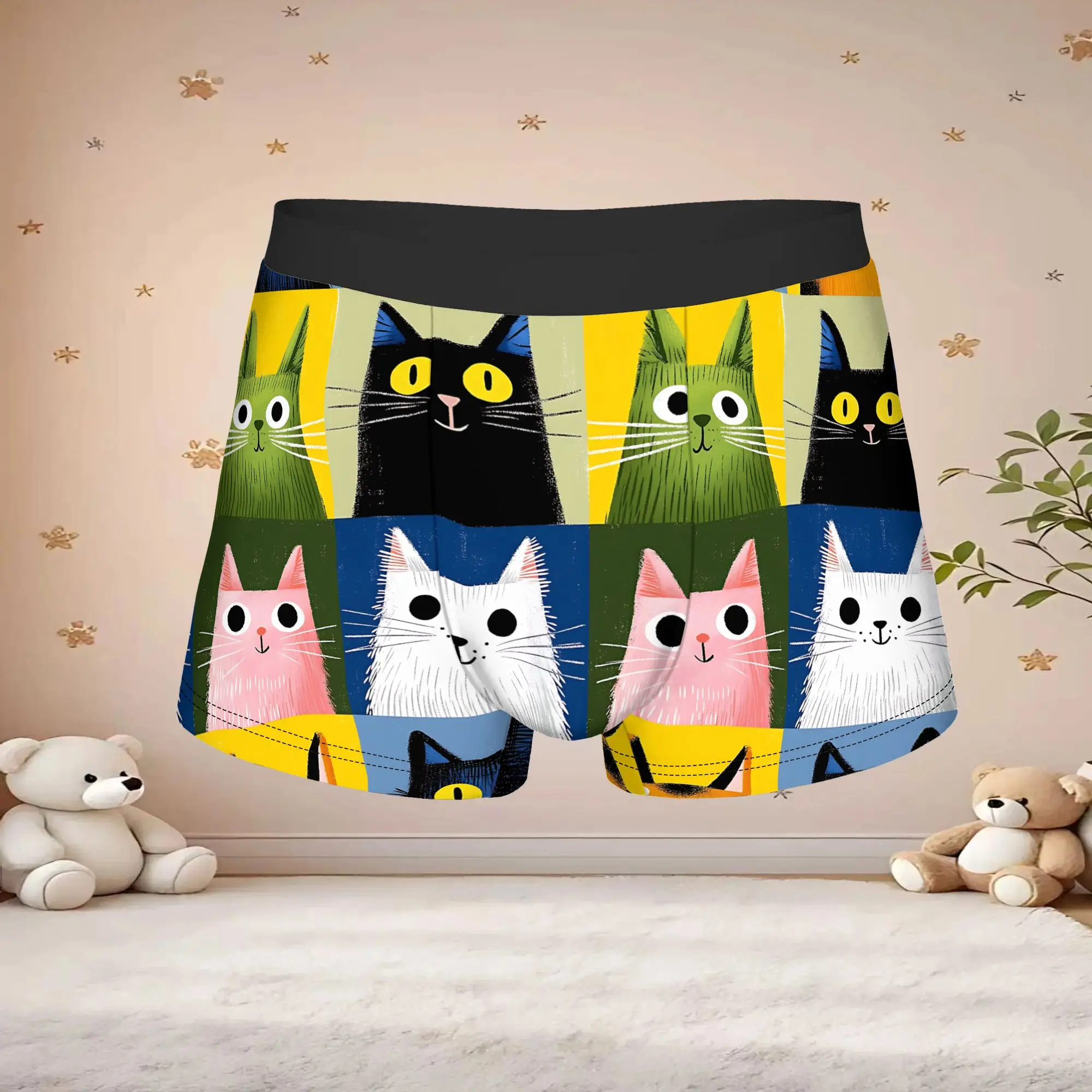 1pc Popular Grid Blue Tabby Cat Print boxers  adults  Homme Panties Men's Underwear Print Shorts Boxer Briefs