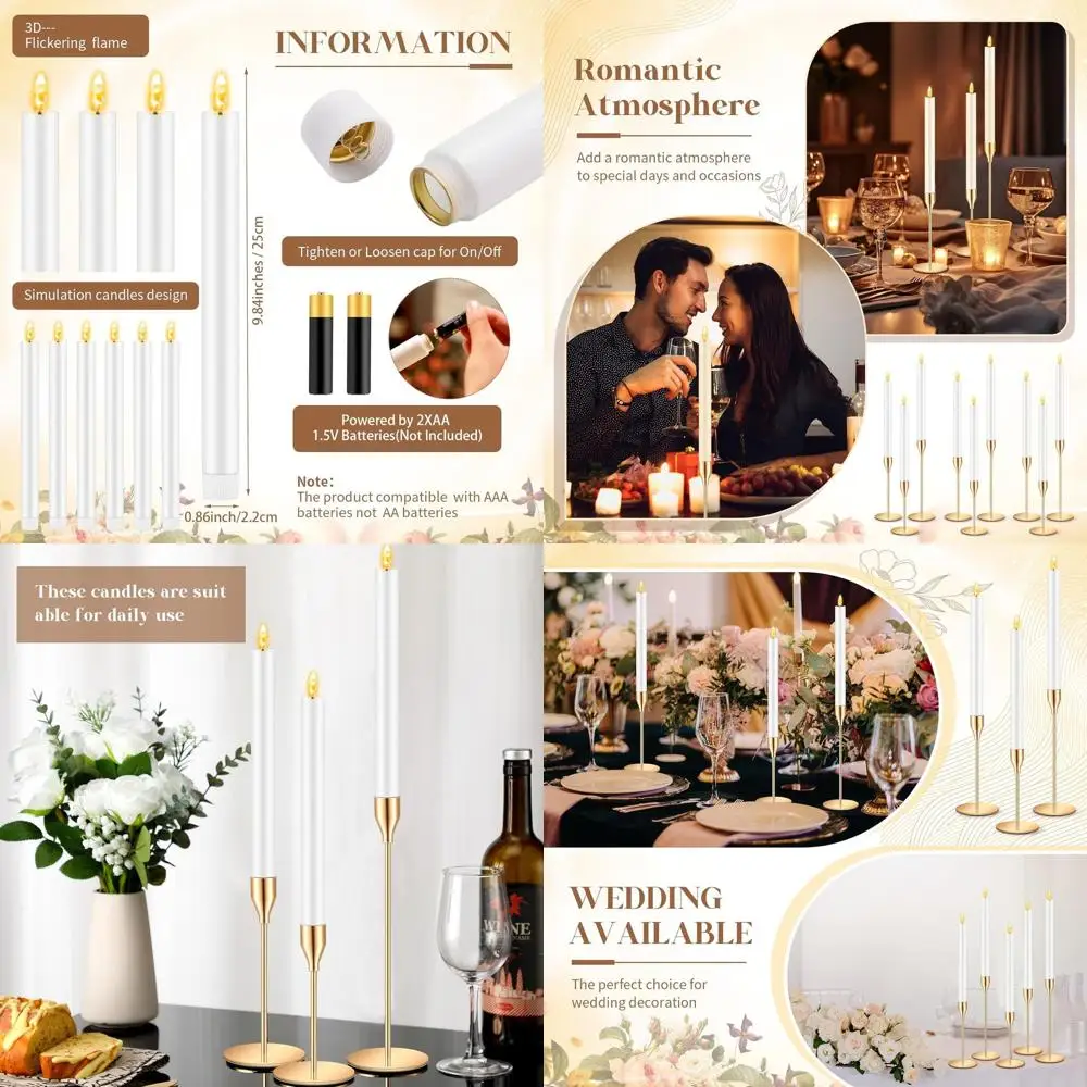 

Set of 30 Gold LED Candlesticks: 15 Metal Holders + 15 Flameless Candles for Weddings and Home Decor