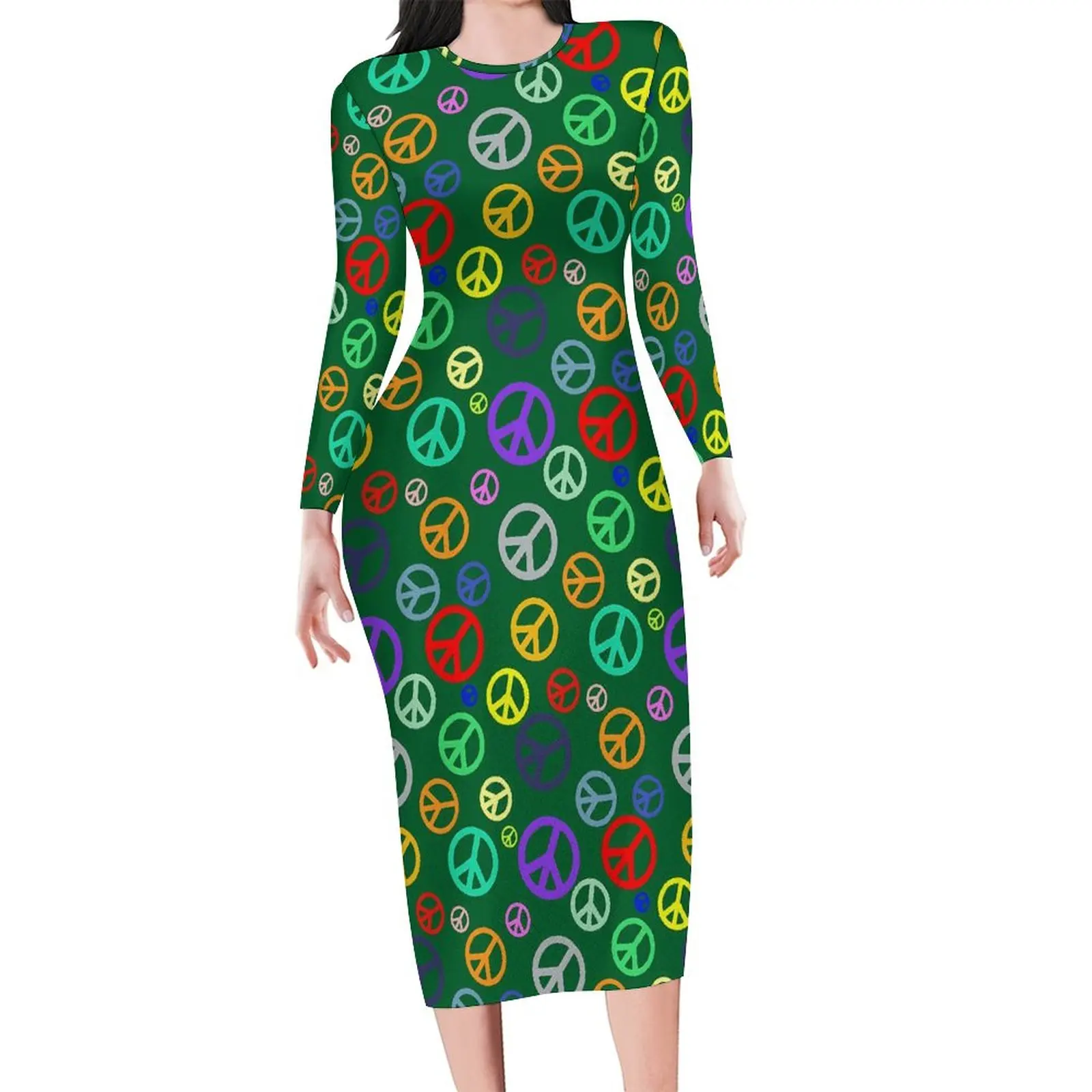 Trendy Peace Symbol Bodycon Dress Autumn Colorful Print Cute Dresses Womens Long Sleeve Graphic Aesthetic Dress 3XL 4XL 5XL