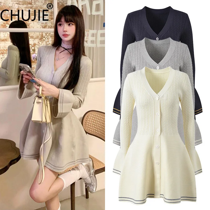 

Women's Slim Fit Knit Dress 2025 - V-Neck Trumpet Sleeves, Single-Breasted Elegant Office Dress