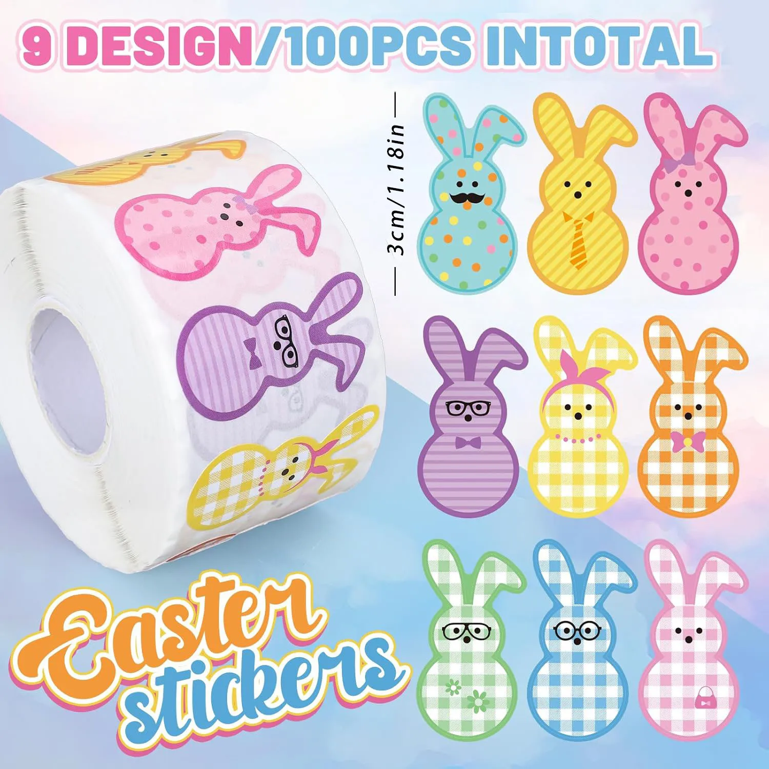 100-500Pcs Easter Bunny Stickers Roll Cute Colorful Rabbit Paper Decals 9 Designs Spring Plaids Dots Pattern Sealing Stickers