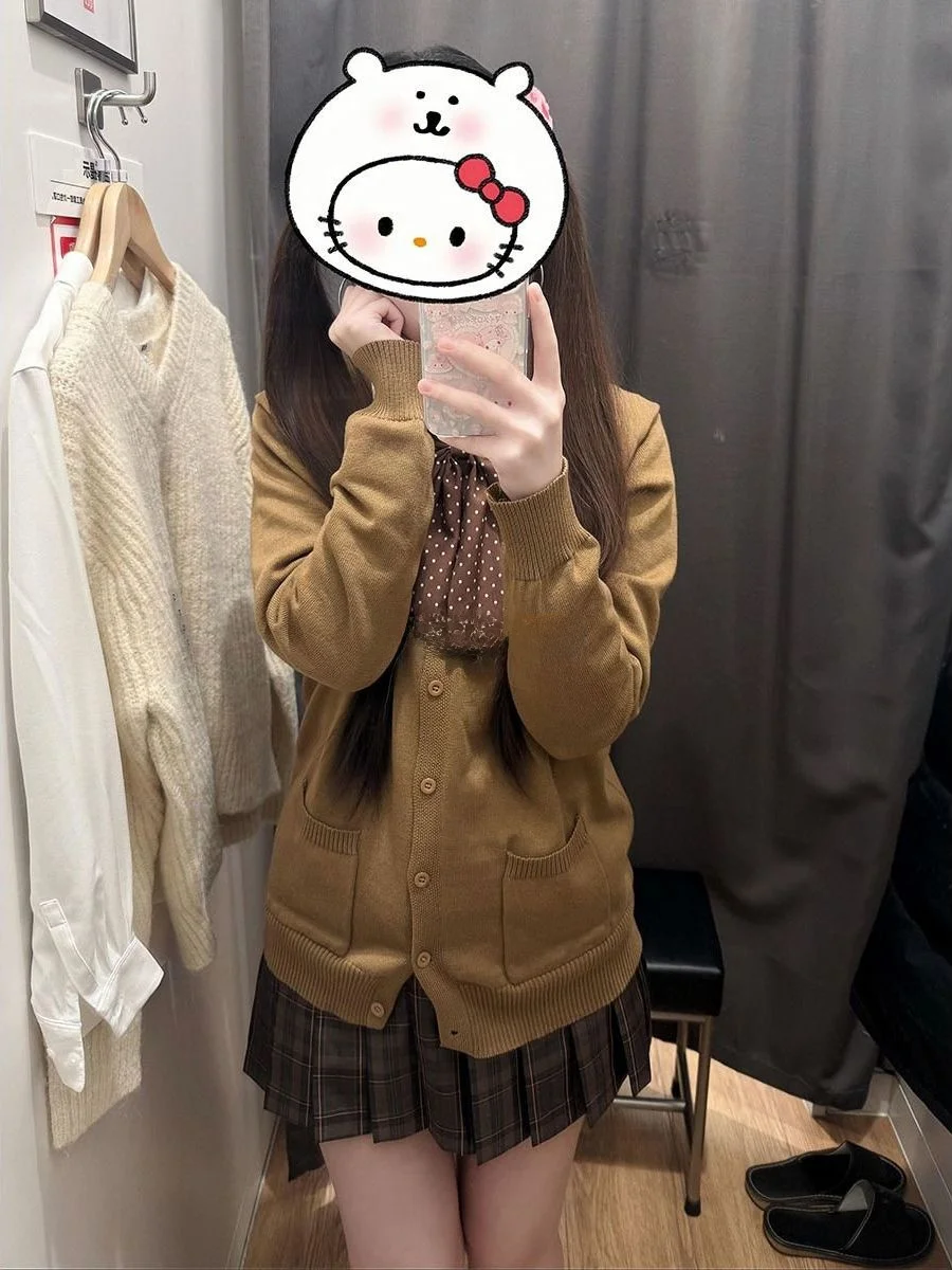 

Autumn Winter Caramel Plaid School orm Sle JK Knitted Long Sve Brown Open Cardigan Sweater Jaet Original Full Set