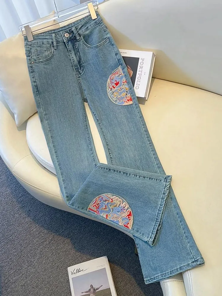 High Waist Elastic Embroidered Micro Flare Jeans Women's New Chinese Sle National Trend Spring Summer 2024 Casual Pants