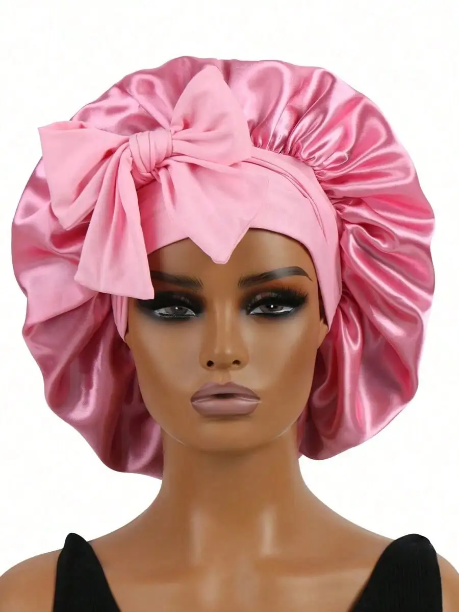 

1pc Satin Bow Tie Elastic Lightweight Shower Cap, Solid Color, For Women & Girls, Black, Valentine's Day Gift