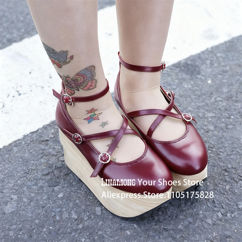 Doce gótico lolita sapatos de cavalo de balanço alça cruzada tornozelo fivela plataforma apartamentos novidade kawaii dedo do pé redondo sapatos de couro para mulher