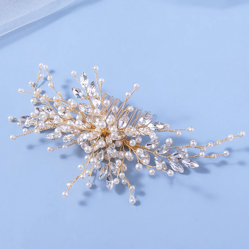 Trendy Leaf Pearl Gold Wedding Hair Combs Tiara Bridal Headpiece Women Head Decorative Jewelry Hair Accessories Headdress image 5