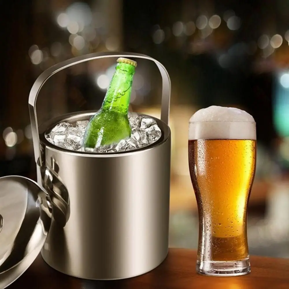 

Stainless Steel Double Walled Home Beer Wine Ice Bucket With Tongs And Lid Ice Cube Container Cooler