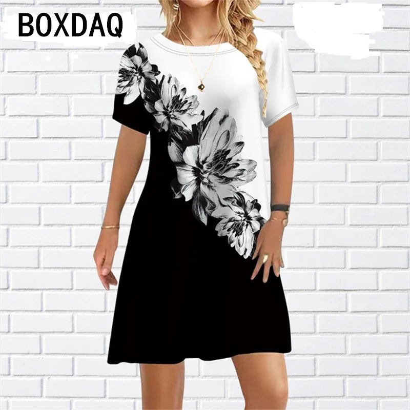 

Fashion 3D Floral Print Dress Big Size 6XL Women Casual Short Sleeve O-Neck Loose A-Line Mini Dress Beach Party Dress Sundress