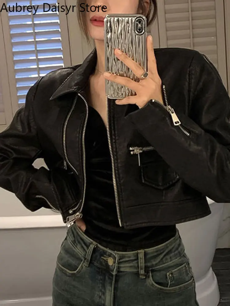 Punk Black Cropped Leather Jacket Women Streetwear Zipper Moto Leather Jacket High Street Vintage Soft Faux Leather Coats 2023