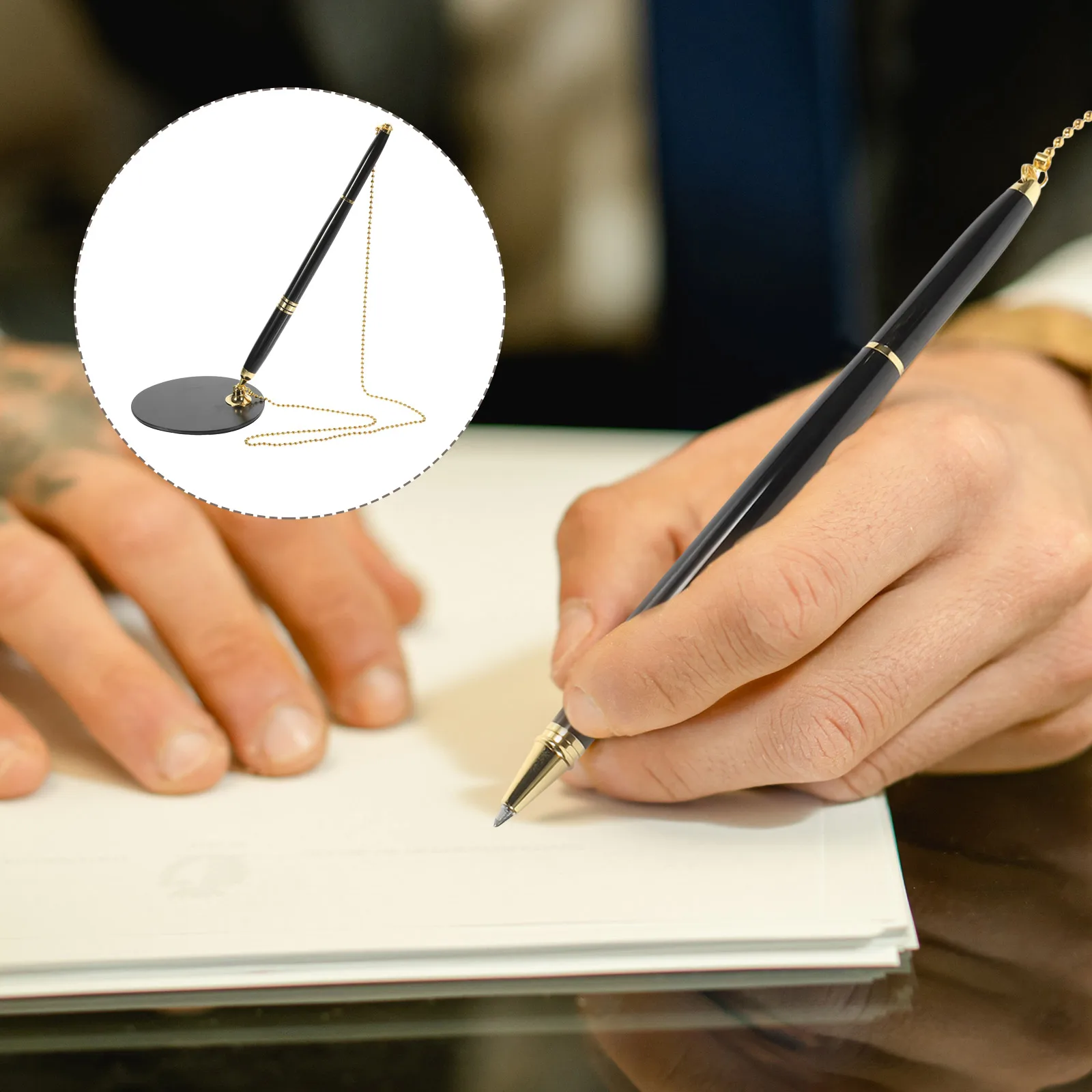 

Safety Chain Design Stainless Steel Desktop Signature Office Business Writing Pen Smooth ABS Standing