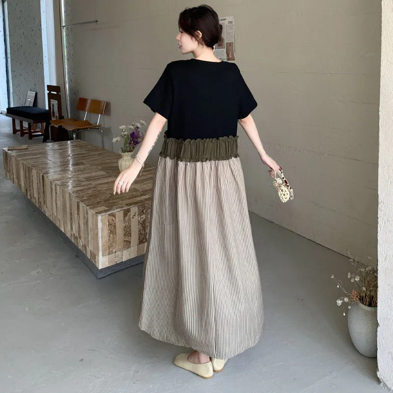 ฤดูร้อน 2025 ผู้หญิงหลวมพลัสขนาด Patchwork เสื้อยืดลาย Lady Vestidos หญิง Robe ใหม่ KE56069