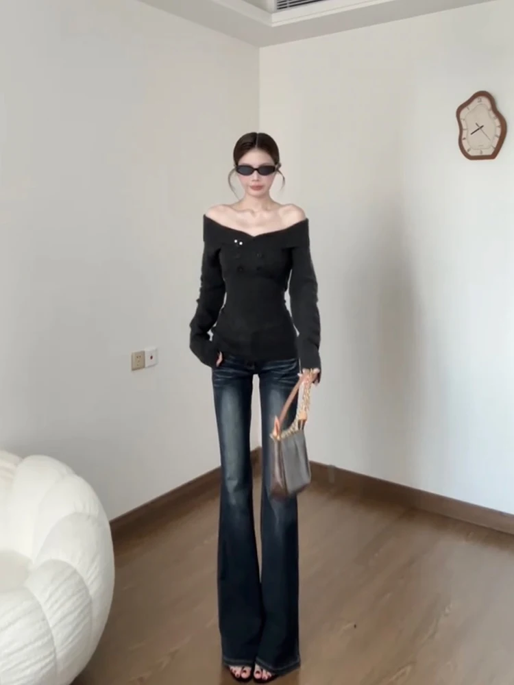 Vネック、肩出し、ロング丈、ニットセーター、レディース、レトロ、スパイシー、スリム、インナーウェア、秋トップス、若い女性向け