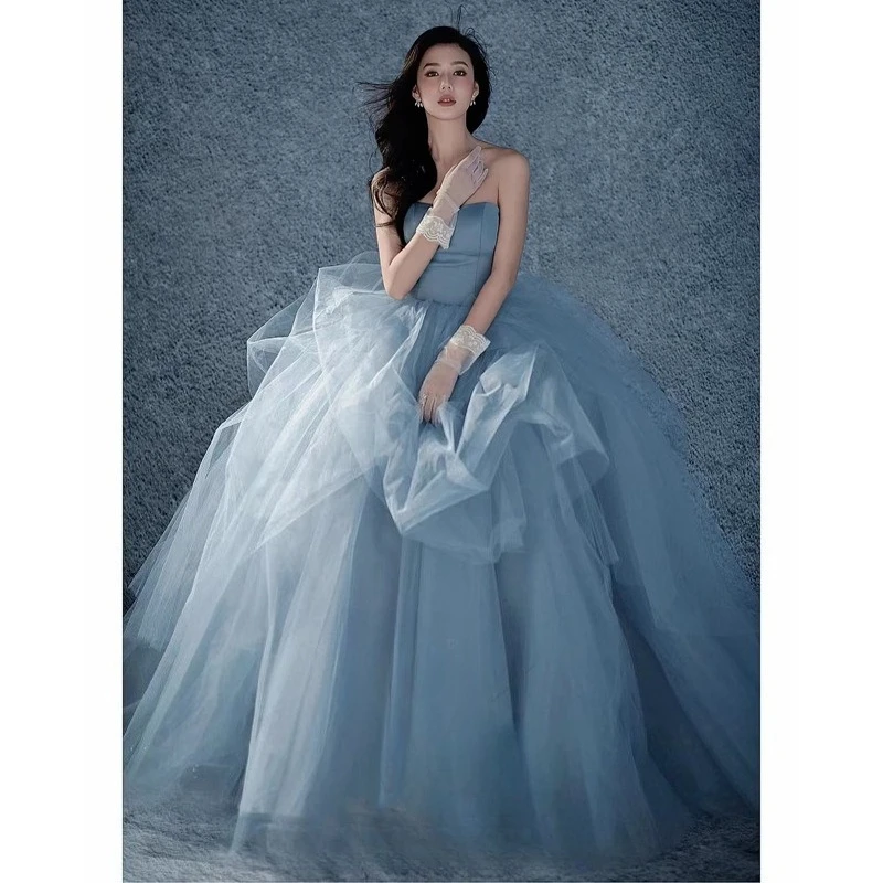 Vestidos de novia de línea A de Corea, vestido de noche Formal de tul de hadas con volantes y volantes para sesión de fotos de mujer azul, vestido de graduación con corsé personalizado