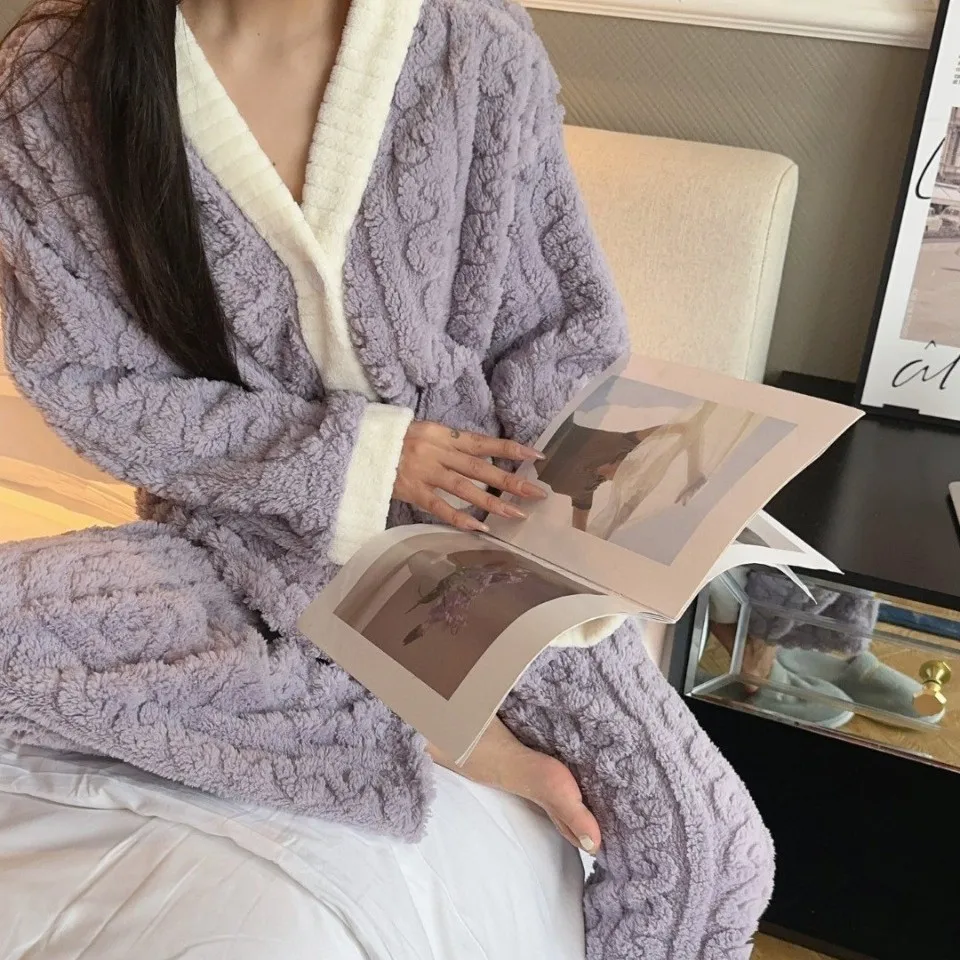 طقم بيجامة نسائي من Pjs بيجامة شتوية دافئة ملابس منزلية عصرية، طقم بيجامة لطيف وناعم سترة سميكة