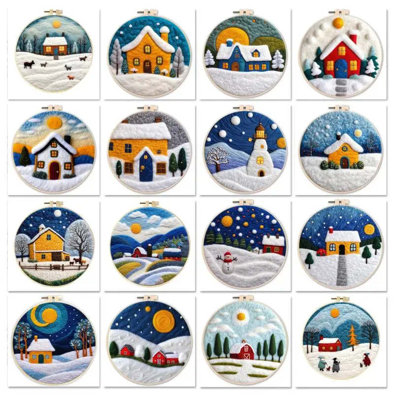 

DIY Wool Felting Painting With Embroidery Frame Snow Landscape Kit DIY Wool Needle Felt Picture Kit Christmas Gift For Mom Frien