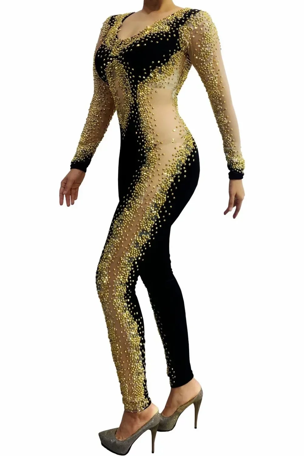 Tuta con strass dorati Sexy Lady Evening Prom Party Diamond Birthday Celebrate Outfit Singer Stage Wear Costume da ballo