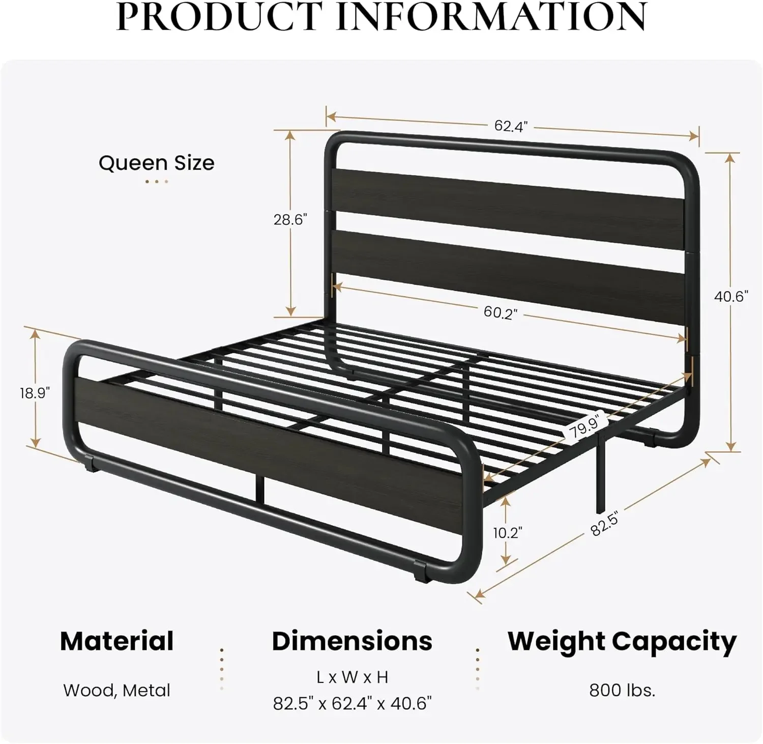 SHA CERLIN Queen Size Metal Bed Frame with Wooden Headboard and Footboard, Heavy Duty Oval-Shaped Platform Bed with Under