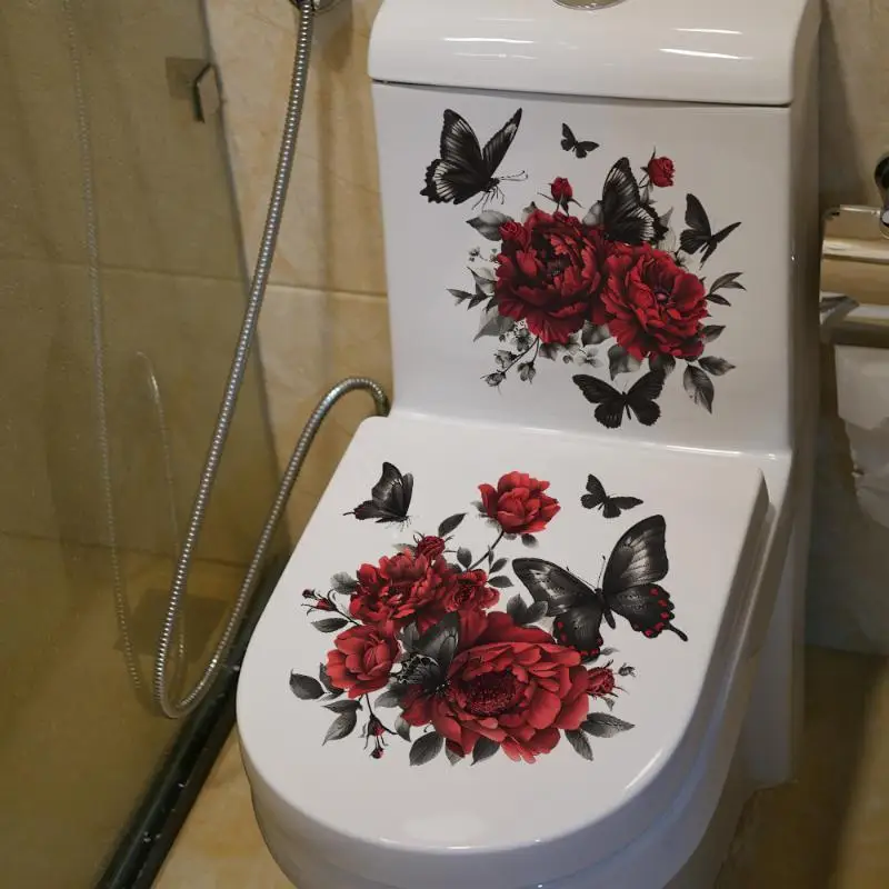 [J] Red Rose And Black Butterfly Toilet Sticker Bathroom Realistic Floor Decal Waterproof Anti-Slip Removable Bathtub Decor
