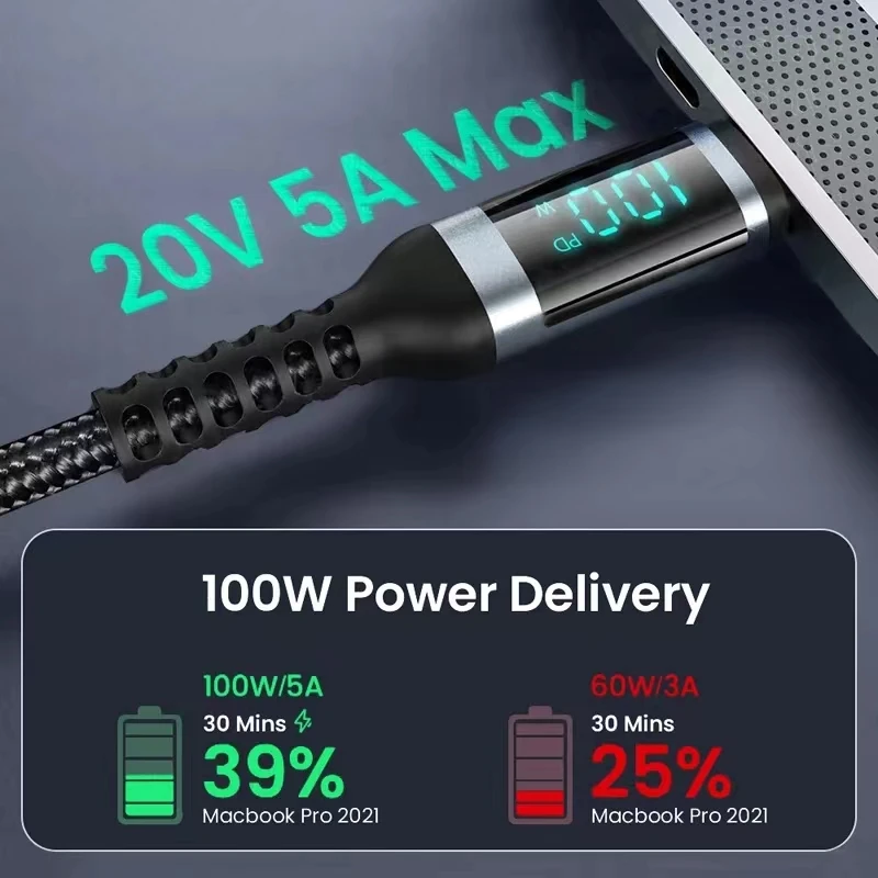 Pd Fast Charging 1.2m Usb C To Type-C 60w/100w Braided Cable Digital Display Phone Fast Charging Data Cable Laptop Charging