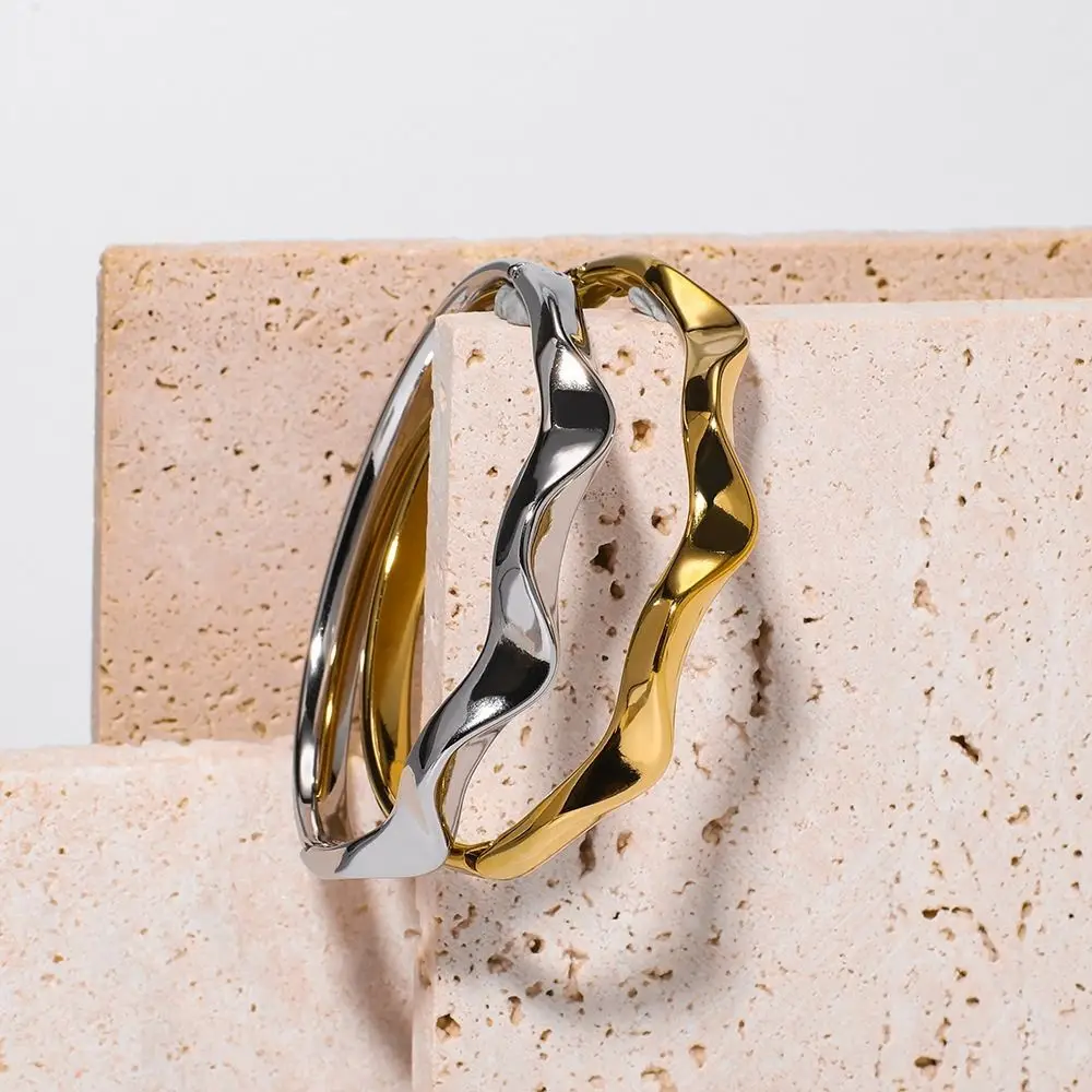 Trendy Stainless Steel Irregular Wave Bracelet Geometric Smooth Fashion Jewelry Silver Chunky Charm Accessories Party