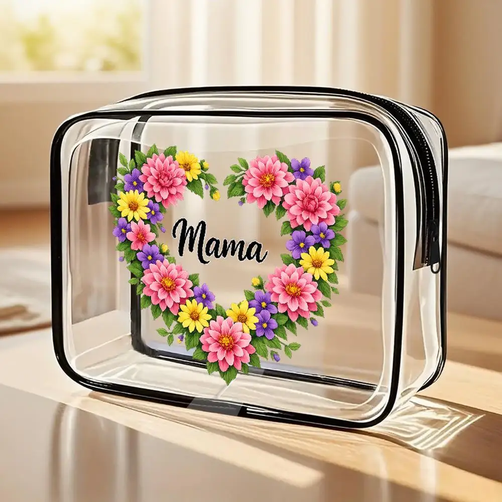 Clear PVC HeartShaped Floral Wreath Toiletry Bag Suitable For Moms Zippered Portable Makeup Pouch With Warm Floral Design SeeTh