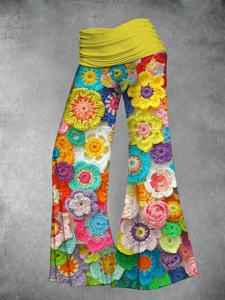 Elegant High Waist Women's Flared Pants Fashionable Colorful Floral Pattern Bohemian Style Digital Flower Print Trousers 2025