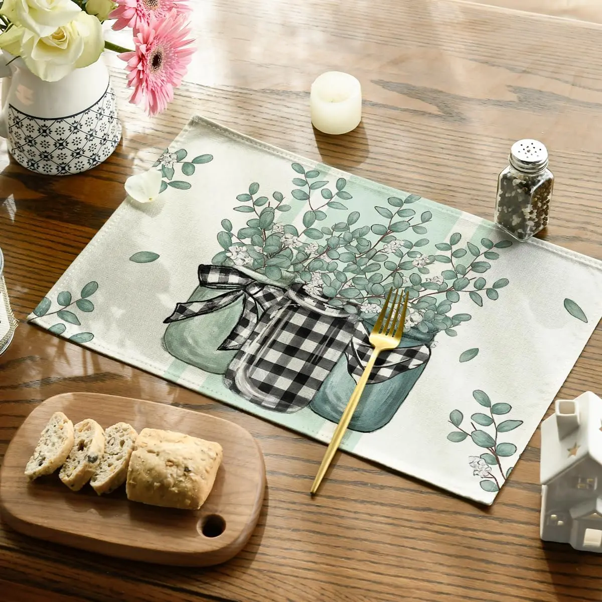 Eucalyptus Buffalo Plaid Spring Placemats Set Of 4, 12x18 Inch Vase Seasonal Table Mats For Party Kitchen Dining Dec
