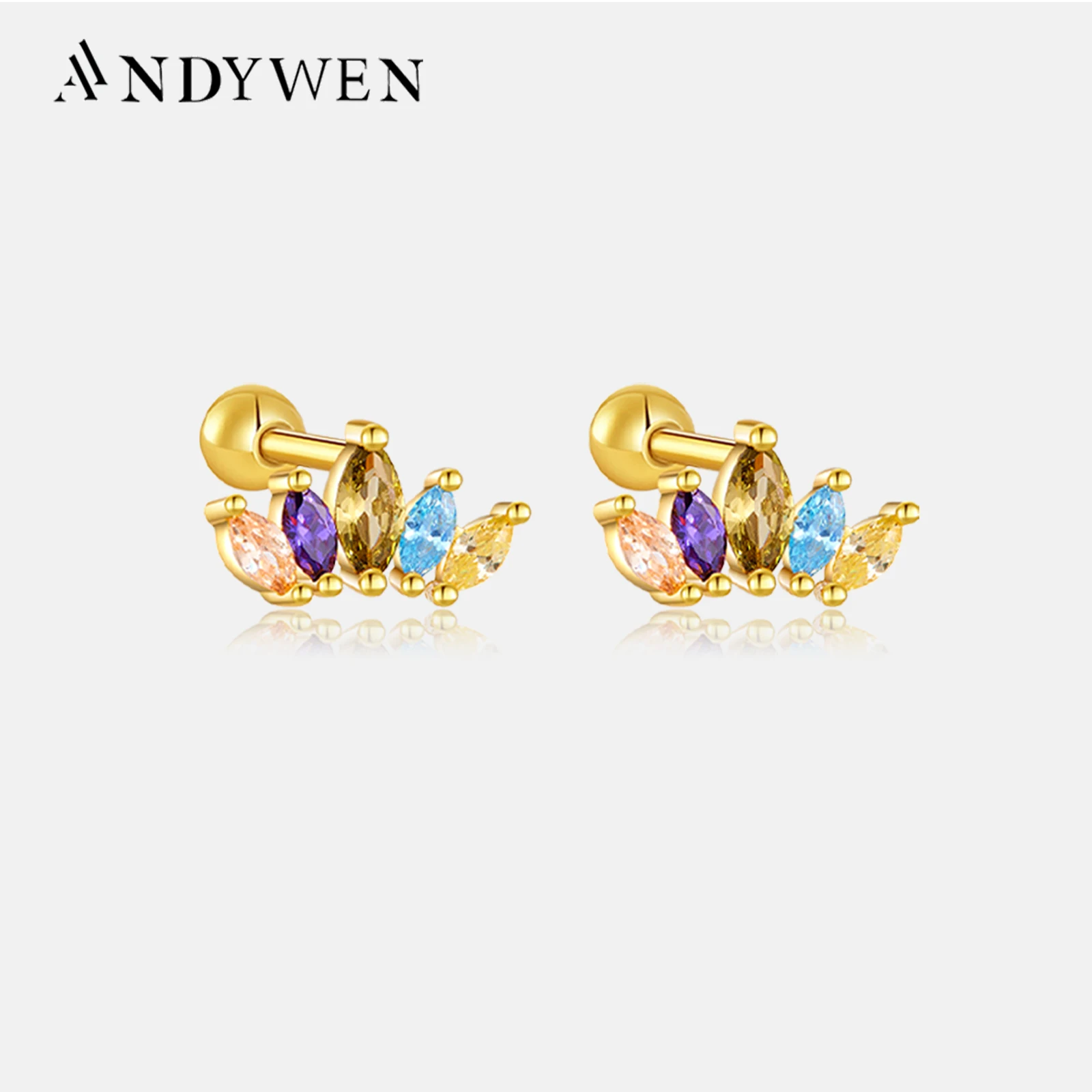 ANDYWEN 925 Sterling Silver Gold Clear Ovals Queen Stud Earrng Piercing Clips Rock Punk Wedding Jewelry Luxury Gift