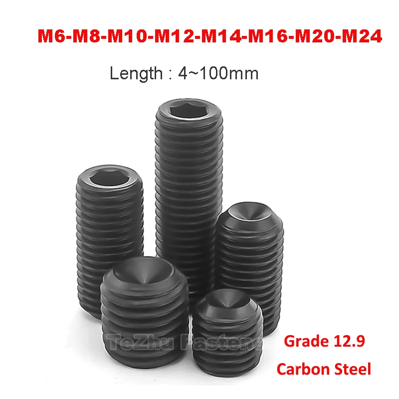 M6 M8 M10 M12 M14 M16 M20 M24 Grade 12.9 Carbon Steel Hex Socket Set Screws Headless Allen Cup Point Grub Screw Length 4mm~100mm