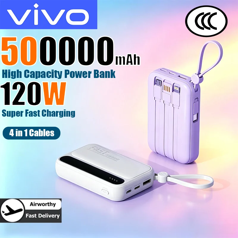 Batterie externe VIVO 500000mAh, charge super rapide 120W, batterie externe portable avec 4 câbles intégrés pour iPhone, Huawei, Samsung, nouveauté 2026 1 Batterie externe VIVO 500000mAh, charge super rapide 120W, batterie externe portable avec 4 câbles intégrés pour iPhone, Huawei, Samsung, nouveauté 2026 1