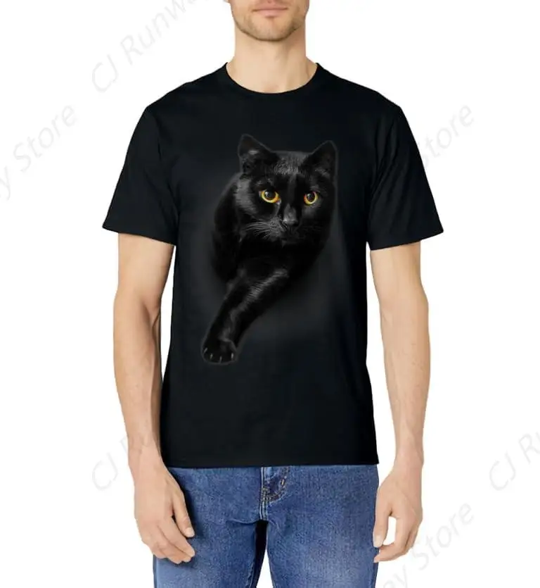 Black Cat Yellow Eyes T-Shirt Cats Tee Shirt Gifts Rock T Shirt Hip Hop Streetwear T Shirt Heavy Metal Fashion Casual Plus Size