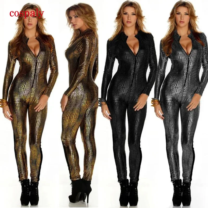 A Women Sexy Metal Snake Skin Faux Leather Bodycon Jumpsuit Female Zipper Fornt Bodysuit Club Party Catsuit Pole Dancing Overall