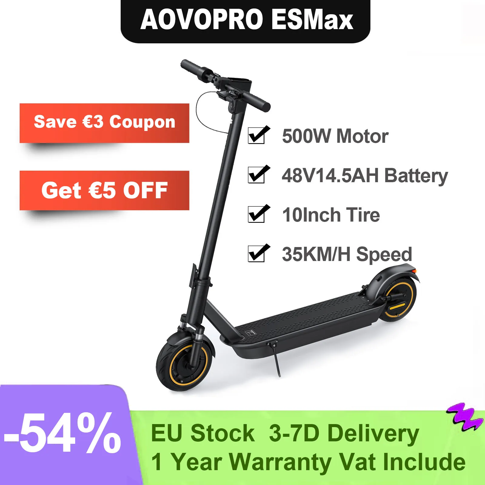 AOVOPRO ESMax Electric Scooter 10 Inch Wheels Citycoco Foldable Electric Skateboard with 500W 14.5AH 35KM/H 45KM Super Range