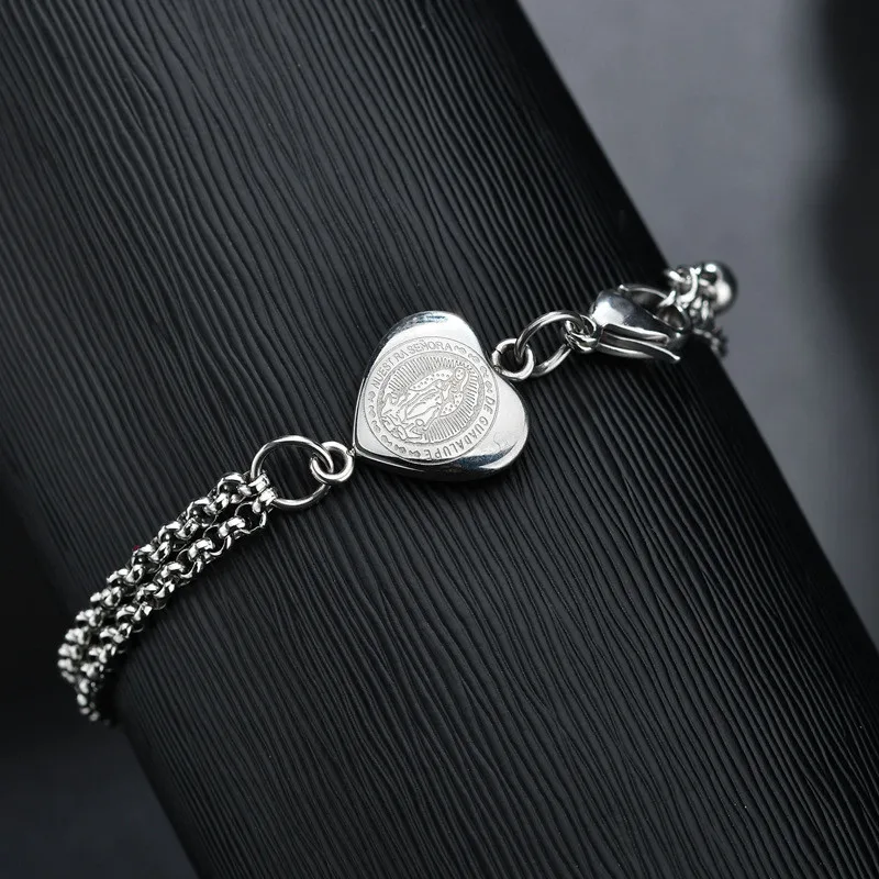 Catholic Guadalupe Virgin Mary Heart Bracelets Stainless Steel Double Layer Link Chain Pulseras Mujer Summer Jewelry