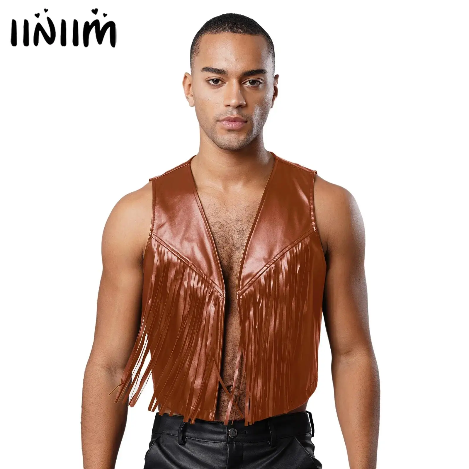 

Mens Vintage 70s Fringe Vest Jackets Sleeveless Open Front Waistcoat Tank Tops Western Cowboy Crop Tops Club Jazz Party Costume