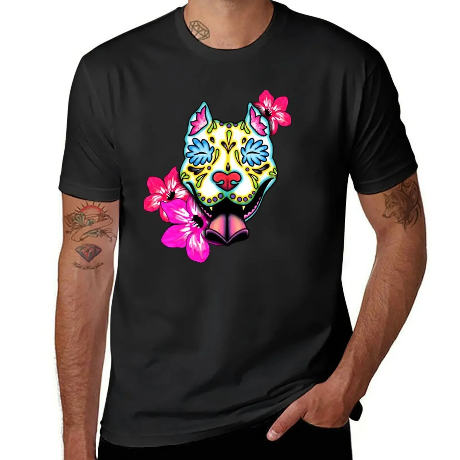 Slobbering Pit Bull - Day of the Dead Sugar Skull Pitbull Dog T-Shirt boys animal print vintage clothes luxury clothes men