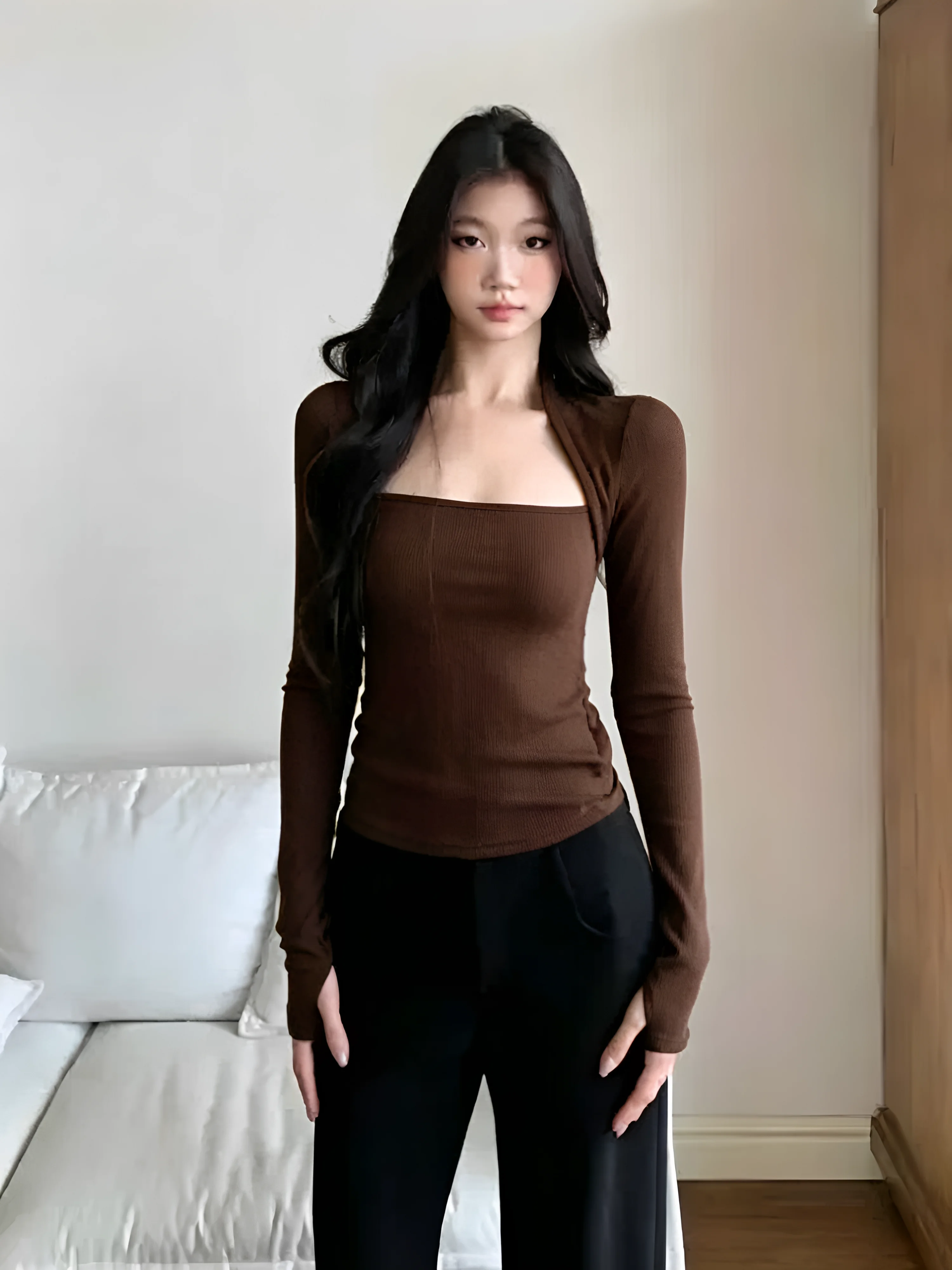 Spring Autumn 2026 Women's Slim Fit Long Sleeve T-Shirt Square Collar Base Shirt Sexy Shoulder Level Top Commute Style Korean...