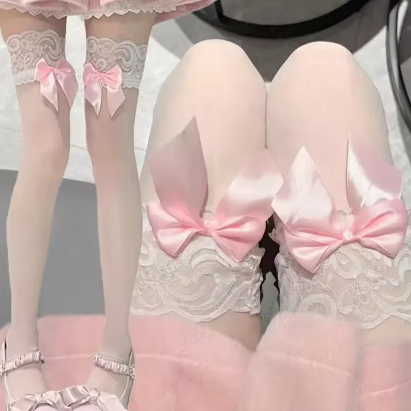 

Женские чулки до бедра в стиле Лолиты, милые гольфы с бантом в стиле каваи, JK, нейлоновые длинные носки с кружевом в японском стиле, чулки
