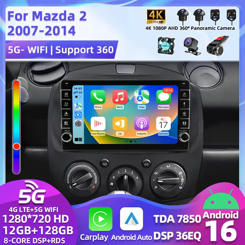 Автомобильное радио Android 16 для MAZDA 2 Mazda2 2007 2008 2009 2010 2011 2012 2013 2014 Мультимедийный видеоплеер Навигация GPS Vtopek 4G