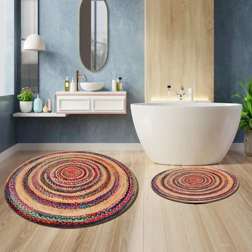 Else Carpet Colorful Lines Circle Jute Straw Looking Round Bath Mat & Rug