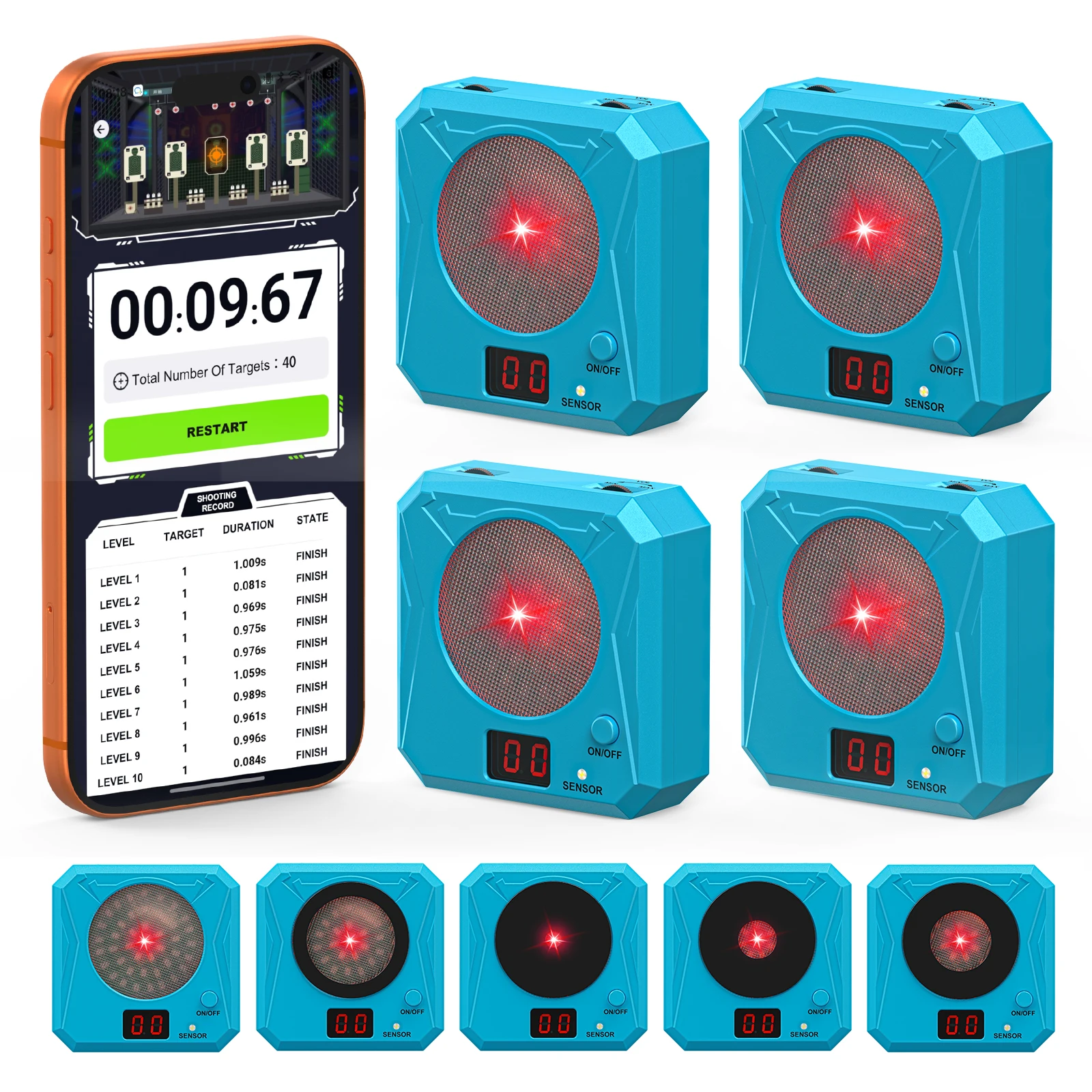 T3352 Multi-Target Bluetooth Laser Training Set 4 Electronic Targets APP Hit Time Record 5 Precision Rings Magnetic Mount