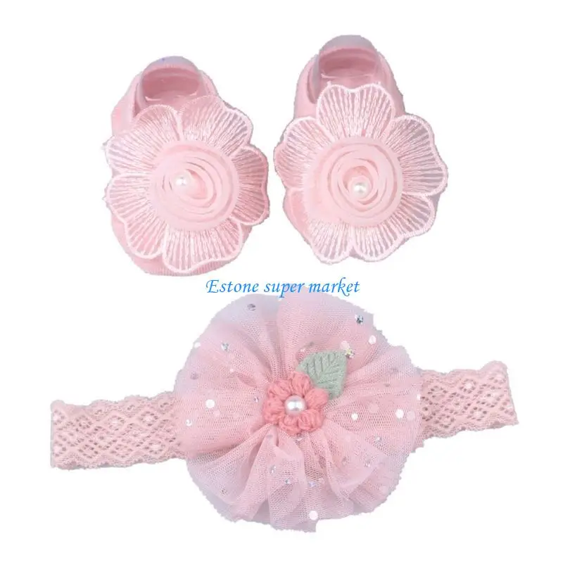 090B Lace Headband & Socks 0-1Y Newborn Bow Headdress Soft Elastic Infant Lace Bows