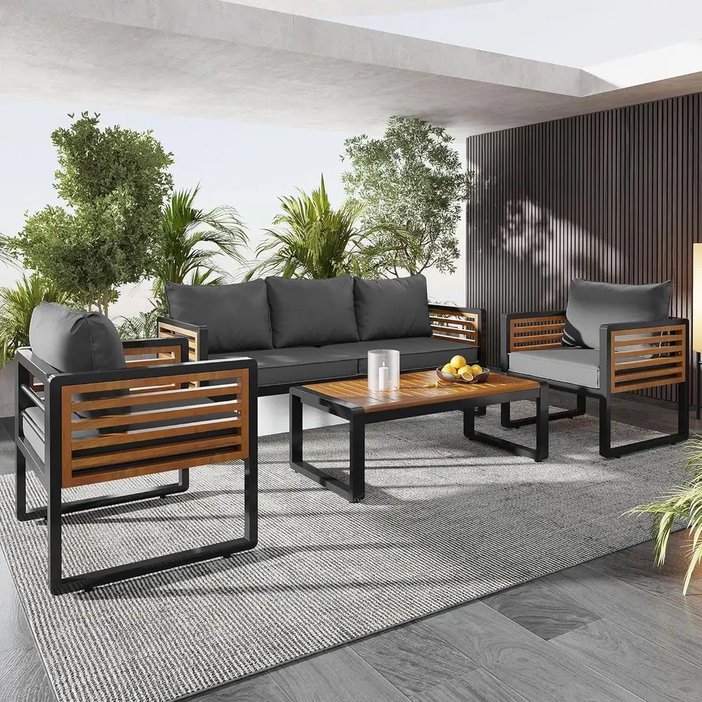 

5-Person All-Weather Outdoor Patio Sectional Sofa Set with Coffee Table, Thick Cushions, Pillows, Acacia Wood Top (Gray)