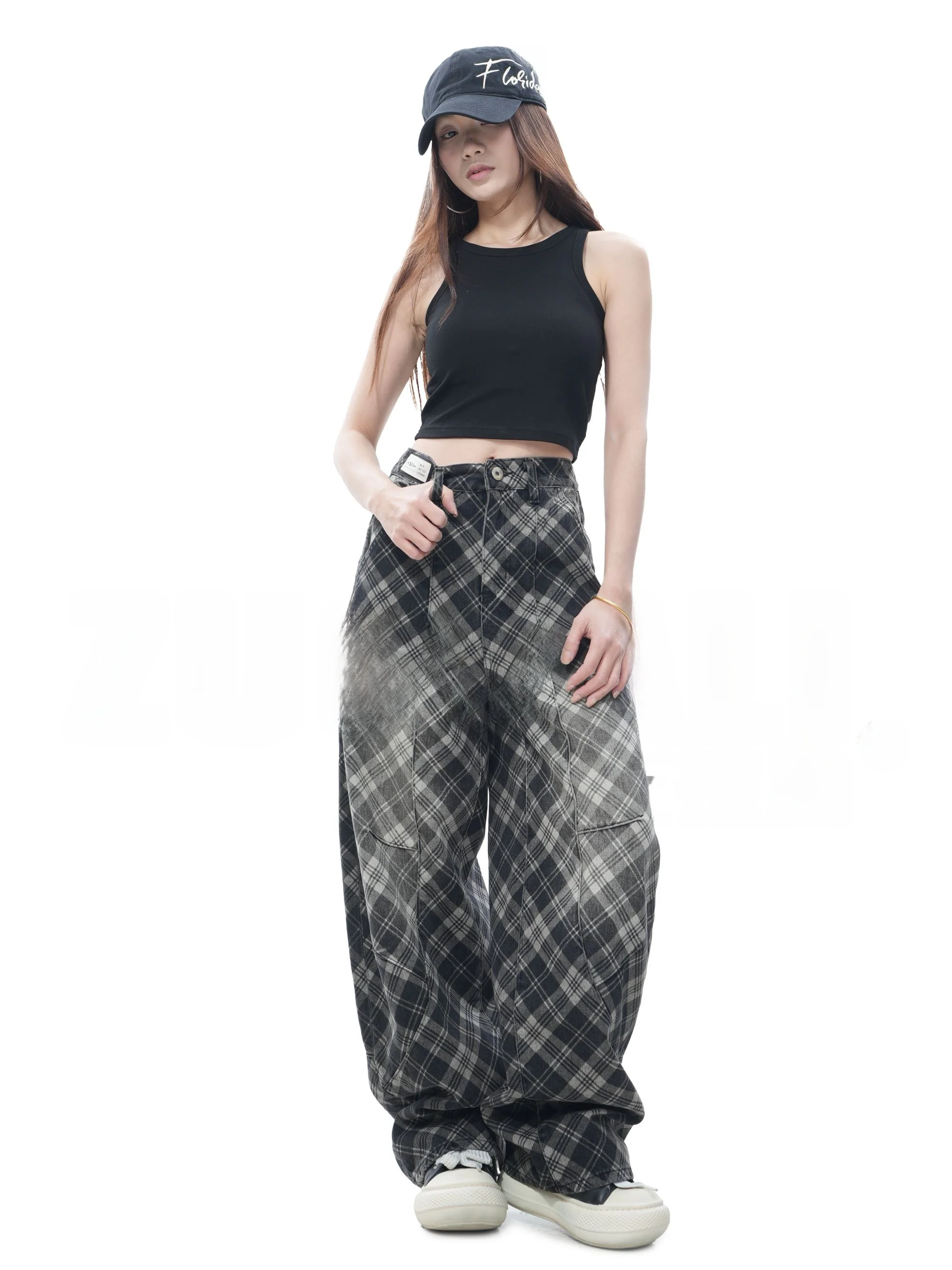 

Женские джинсовые брюки Zuolali с высокой талией, в клетку, с эластичным поясом, в ретро-стиле, с широкими штанинами, из хлопка