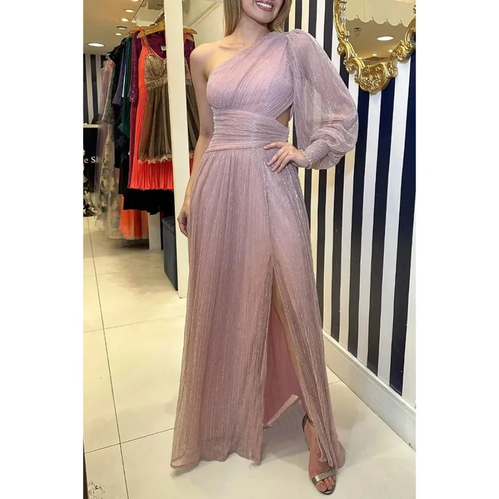 여성용 S-XL 사이즈, 유럽 및 미국, 가을 및 겨울, 신상 파티, 비스듬한 어깨 스플릿 원피스, INS 루즈 캐주얼 여성 원피스