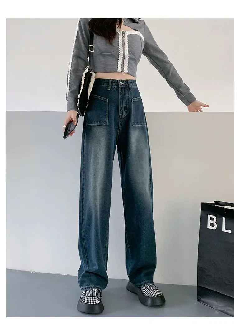 Chic High Waist Jeans Women Loose Fit Wide Leg Straight Pants Large Pocket Floor Length Casual Comfortable Stretchy Denim